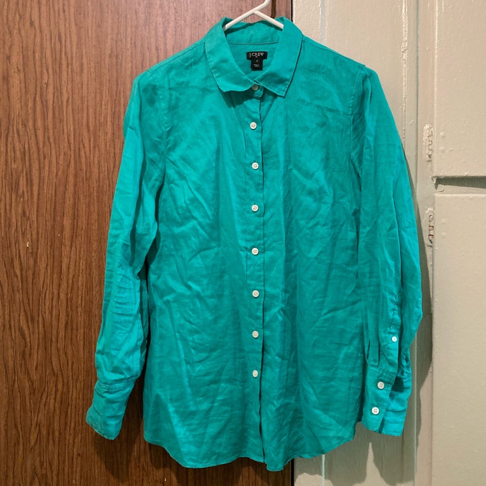 J. Crew 100% Linen Button Down Tunic Blouse Women Size Small Mint Blue